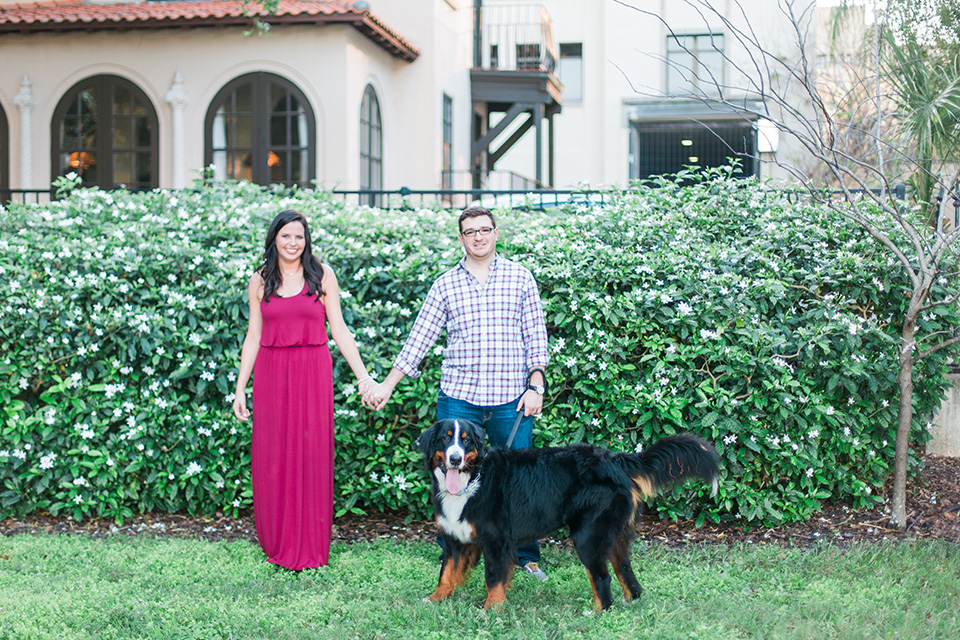 Image of an engaged couple in downtown Orlando, Florida.  The couple is holding hands and standing by their Bernese Mountain dog.