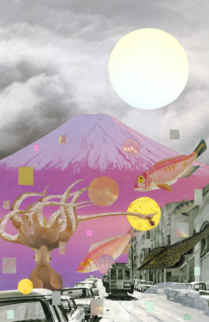  collage on paper  8” x 10”  san francisco, ca  2020  —  featuring: early-1970s photo along san francisco’s hyde street; photo capturing view from sherman island, from charles kennard’s 1987 ‘landmarks: reflections of four centuries’'; 富士山 (mt. fuji)