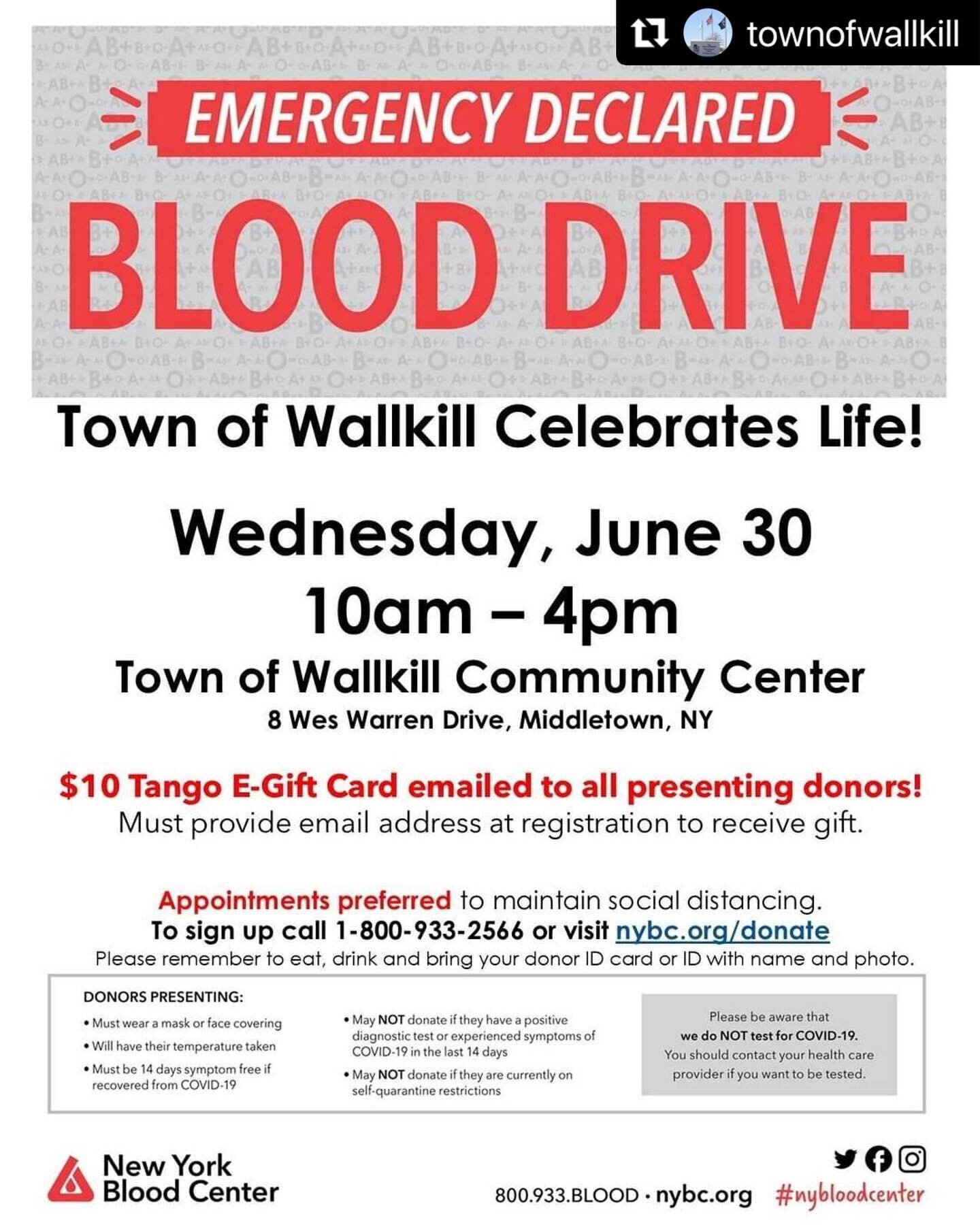 #Repost @townofwallkill with @make_repost
・・・
Annual Blood Drive in honor of our Town Clerk, Louisa Ingrassia's Birthday tomorrow @ the Community Center!