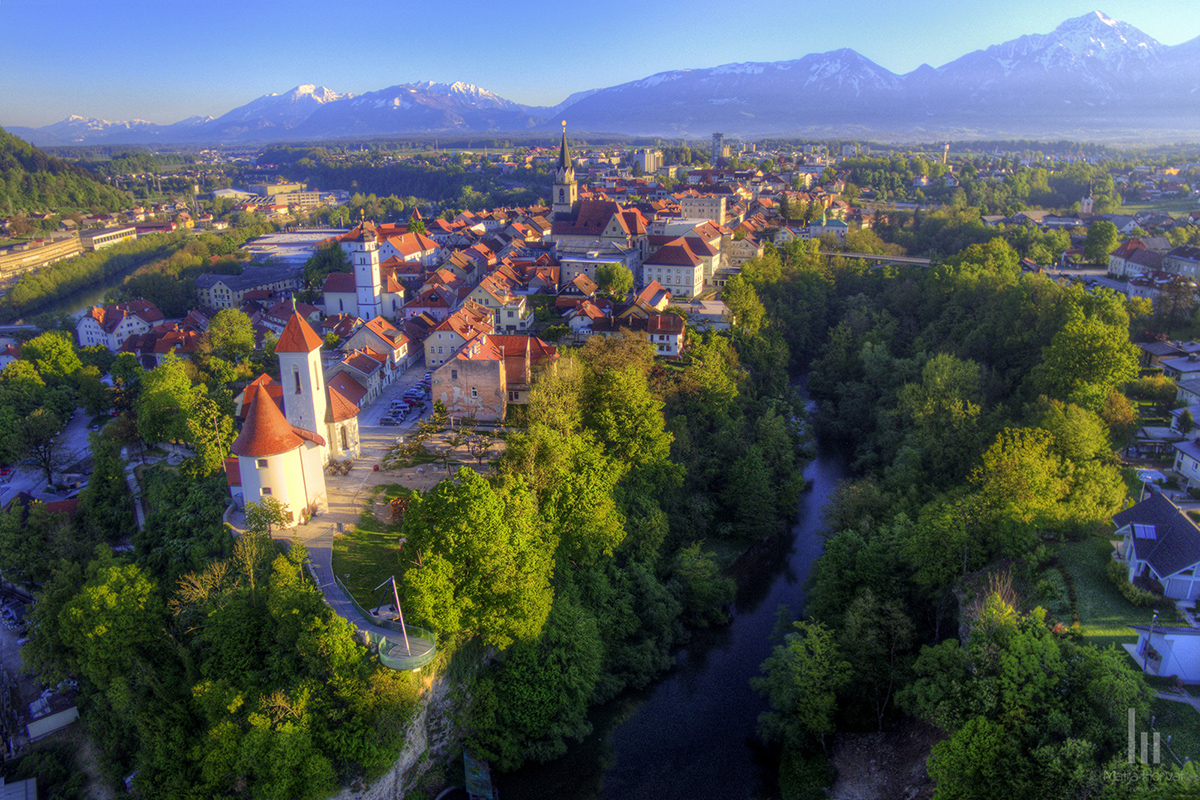 Aerial photo of old town centre.