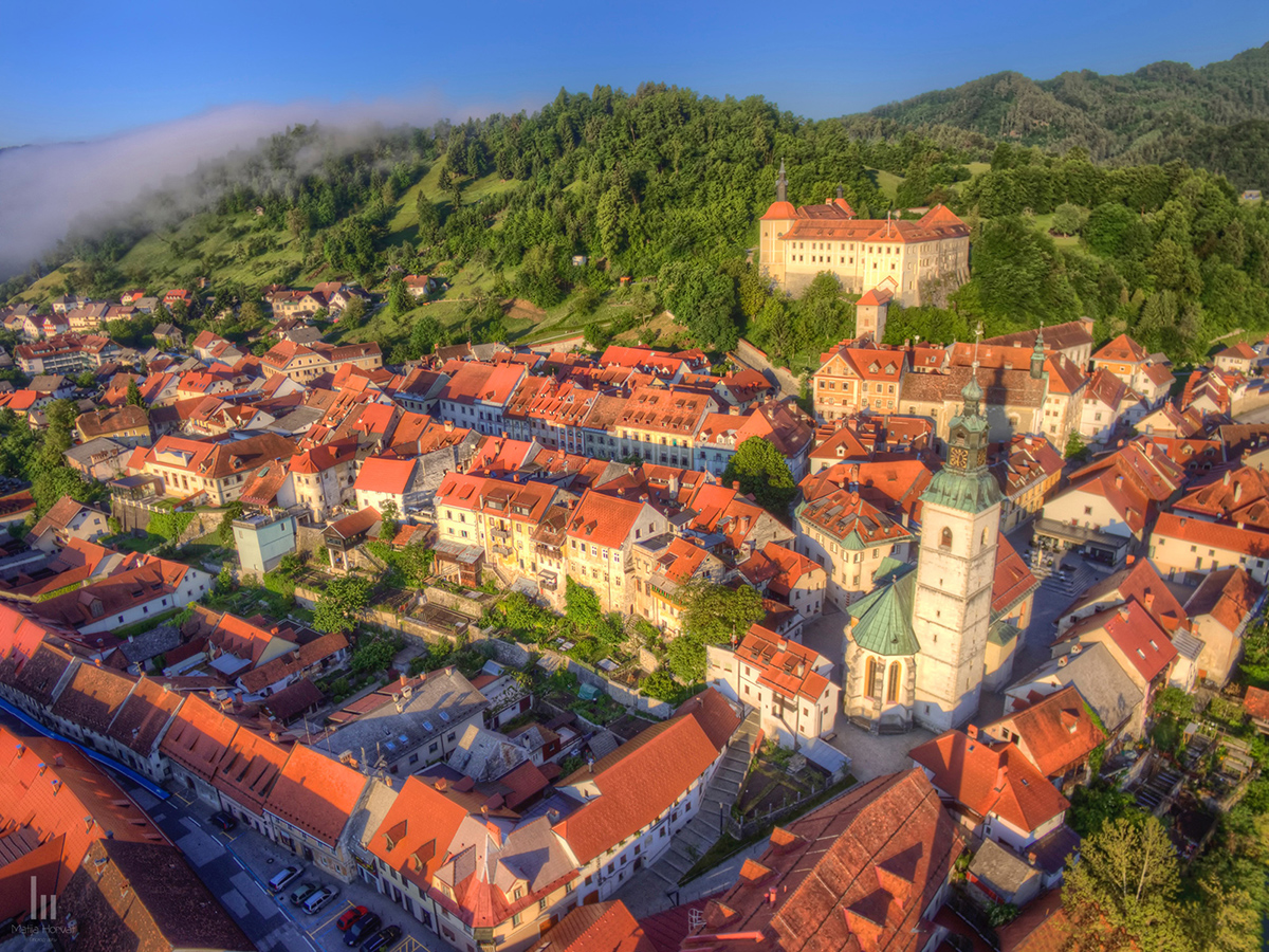 Old centre of the town with castle in the background.
