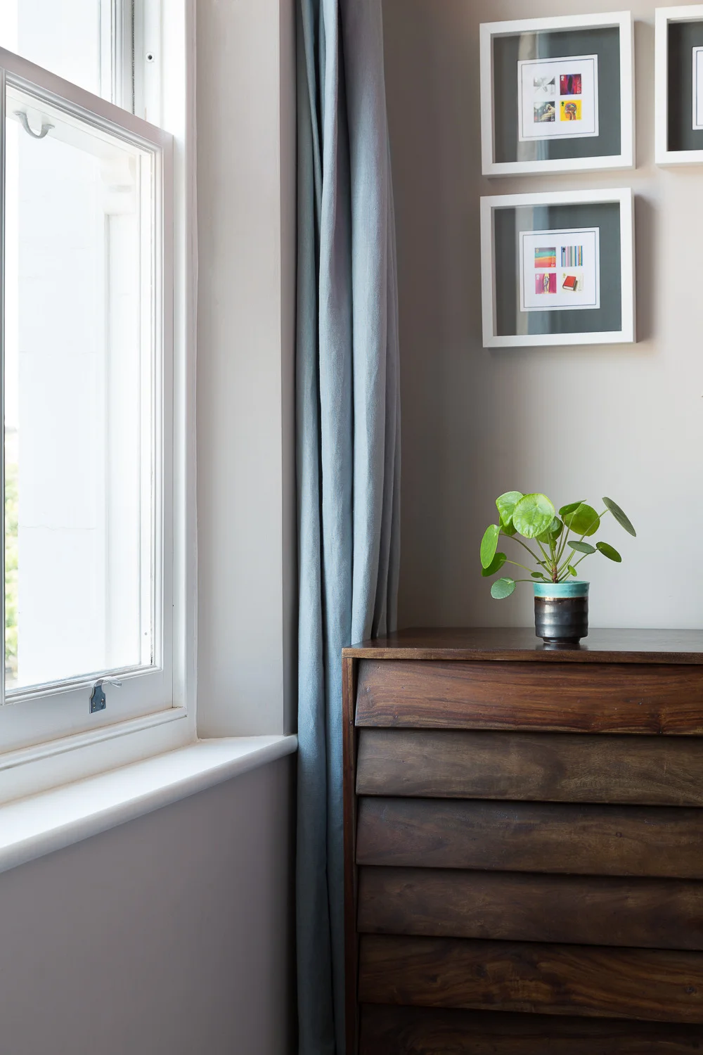 The master bedroom has internal wall insulation - this brings the walls in about 120mm, which presents an issue of how to return back out to meet the sash windows. This chamfer to the insulation maximises both warmth and light, and has a nice 'mediaeval church' feel to it...