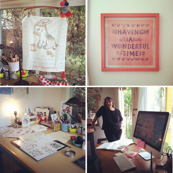 clockwise from left nicky's tea towel | wilcke handkerchief (i'm incredibly jealous) | nicky and her computer | her drawing table