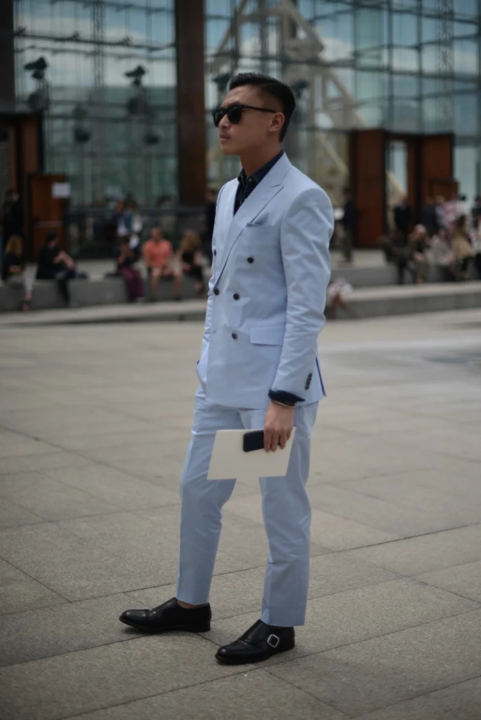 sky blue double breasted suit