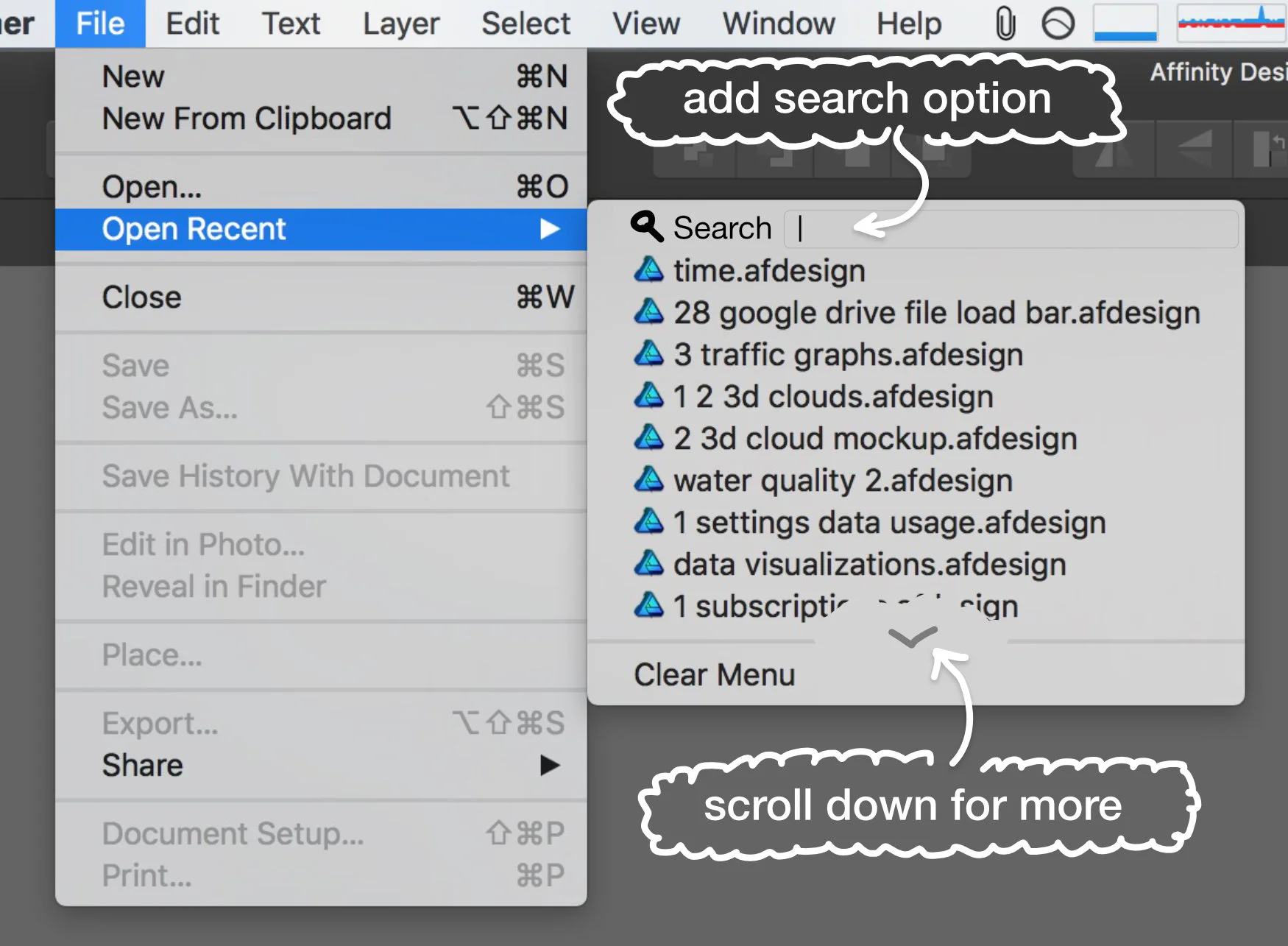 File > Open Recent > Search & Scroll