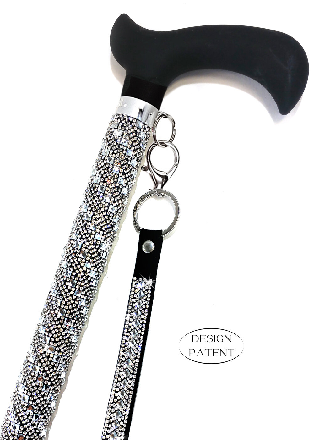 Jacqueline Kent JKC103.SI grey Silver Aluminum Crystal Embellished Sugar Cane with Black Handle and Coordinating Wrist Band Adjustable 28.5 Inches to 37.5 Inches 