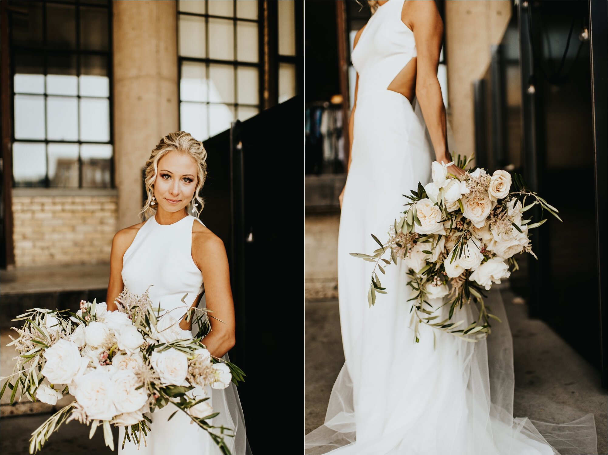  bride wedding day floral bouquet flowers white dress glamour shot beautiful modern simple  