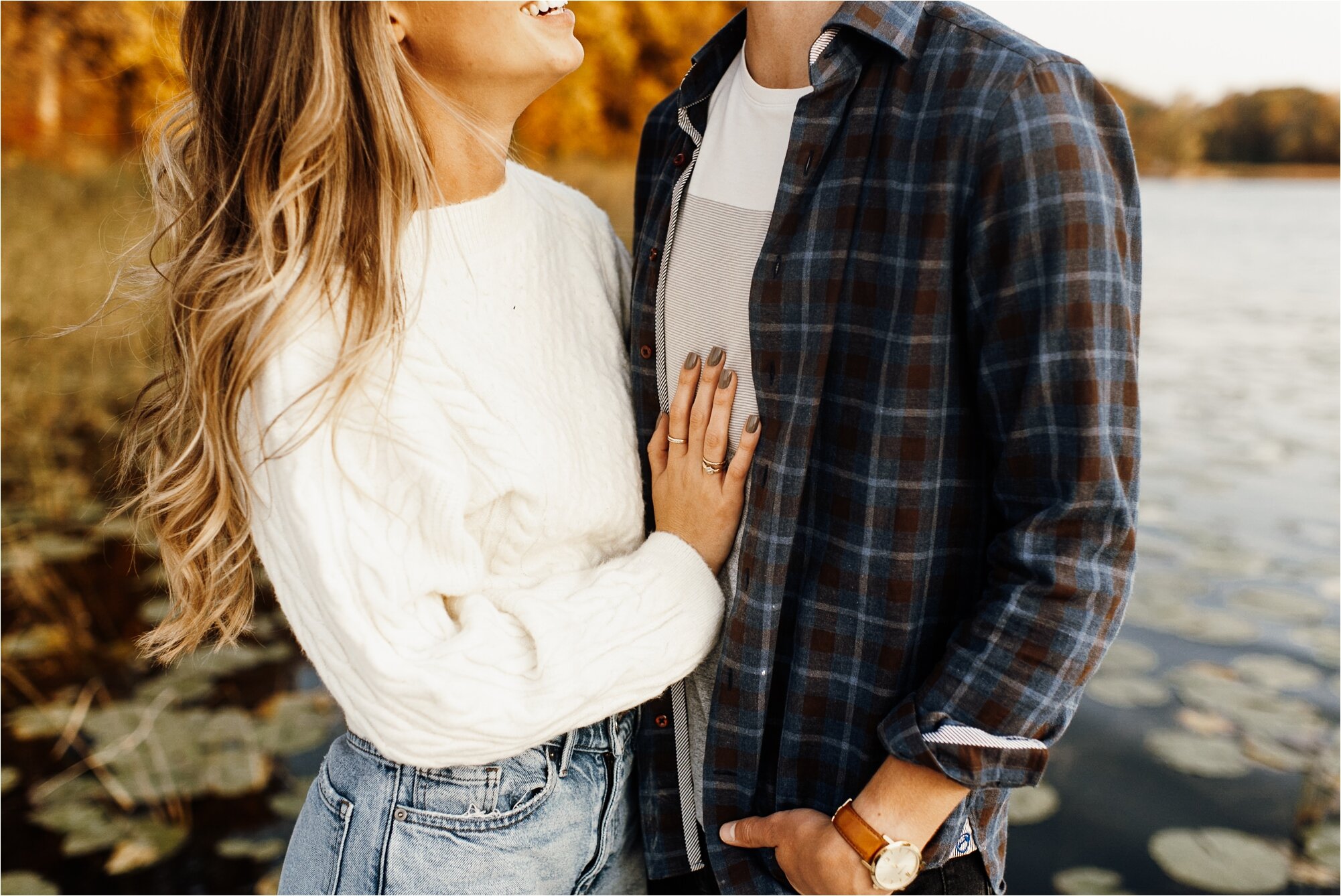  engagement session ring engaged couple bride group sweater flannel dock fall autumn 