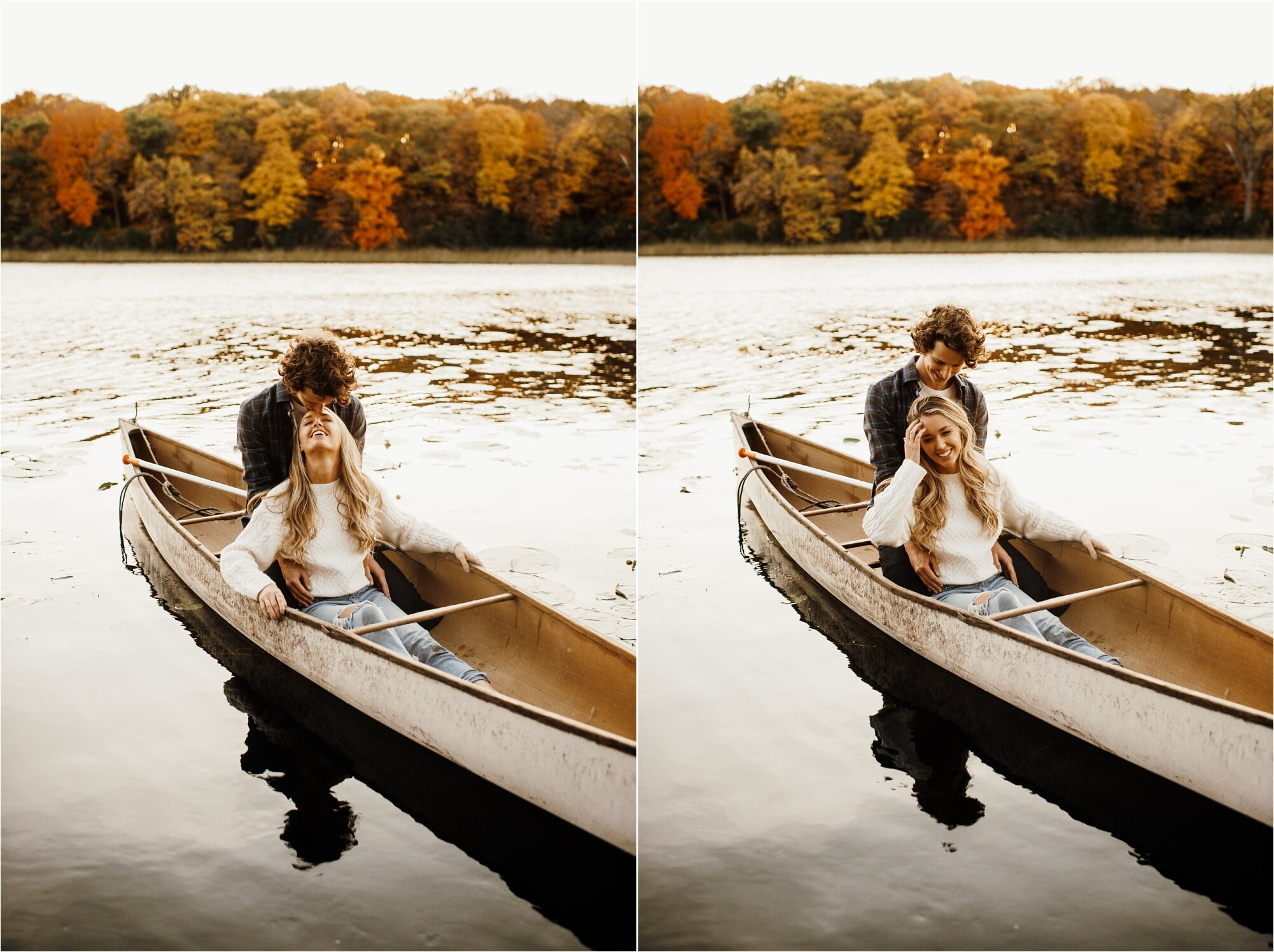  canoe outdoors engagement photos outside couple cuddling  