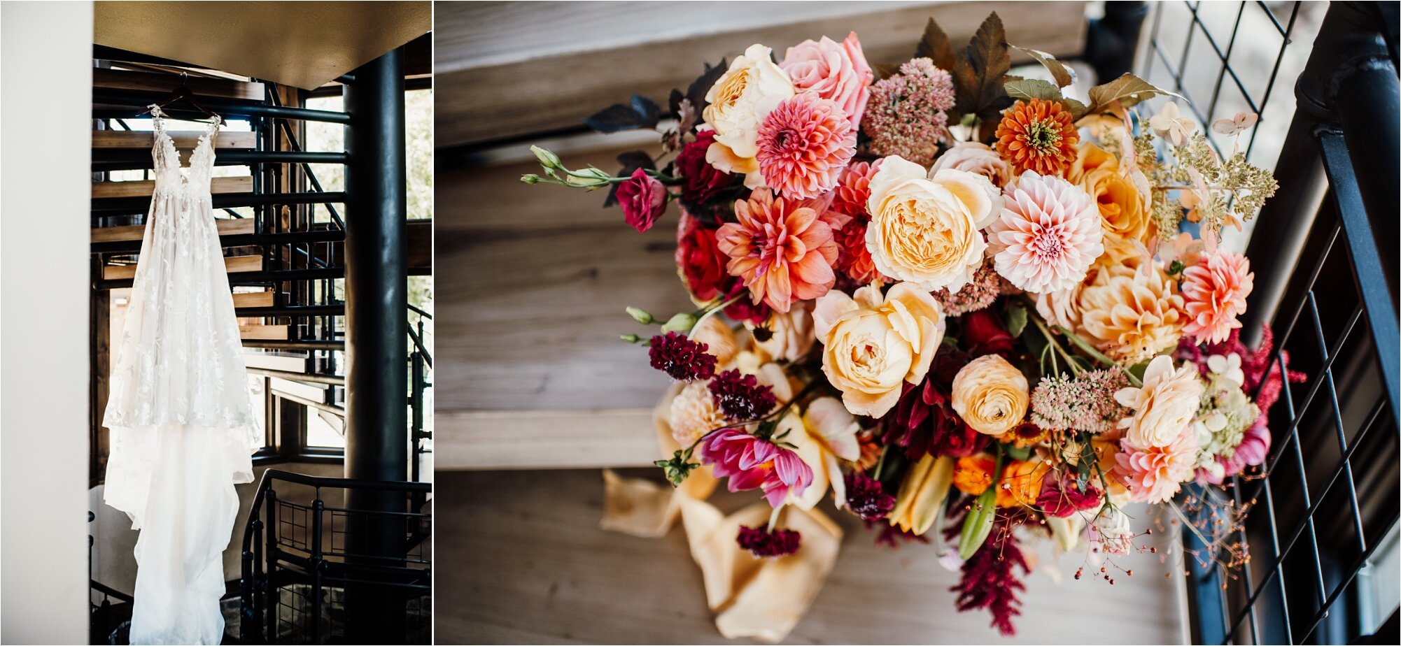  wedding bouquet flowers bloomberry floral colorful warm tones dress hanging from stairs 