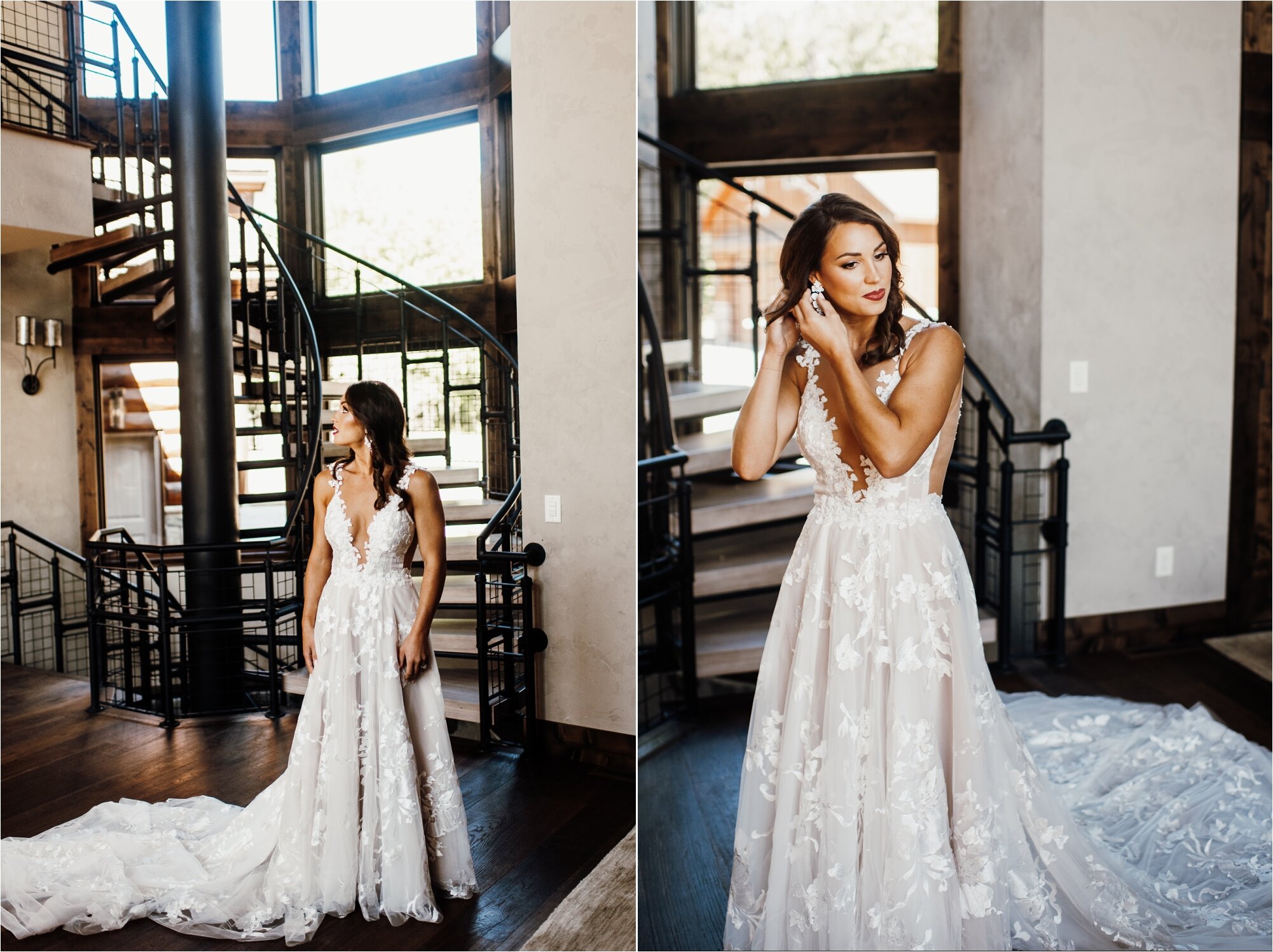  bride putting dress on earrings in getting ready for wedding 