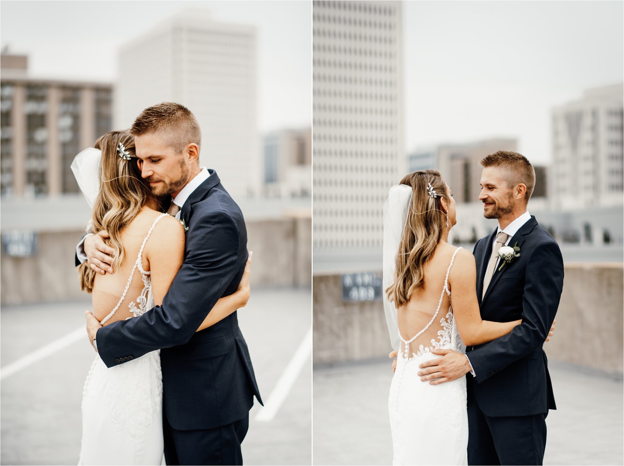  bride groom embrace wedding day north loop parking lot rooftop 