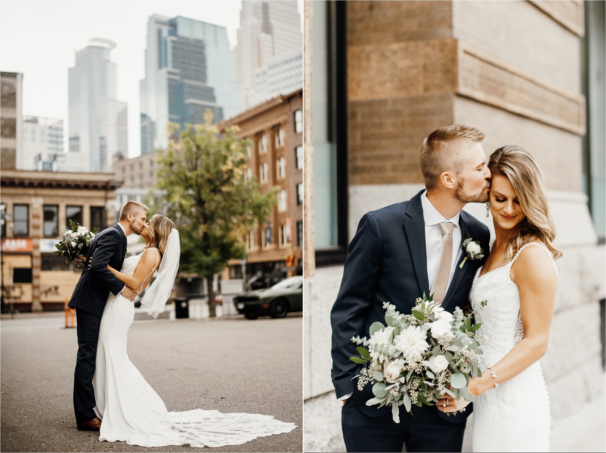 bride and groom kissing minneapolis minnesota parking lot city buildings wedding photos album 