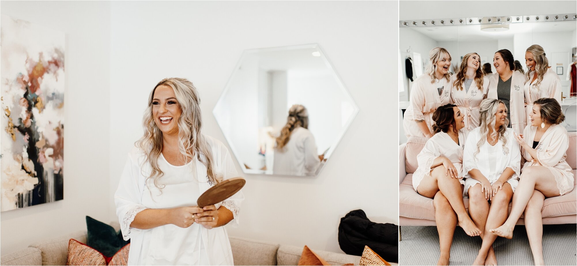  bride getting ready on her wedding day with bridesmaids in robes 