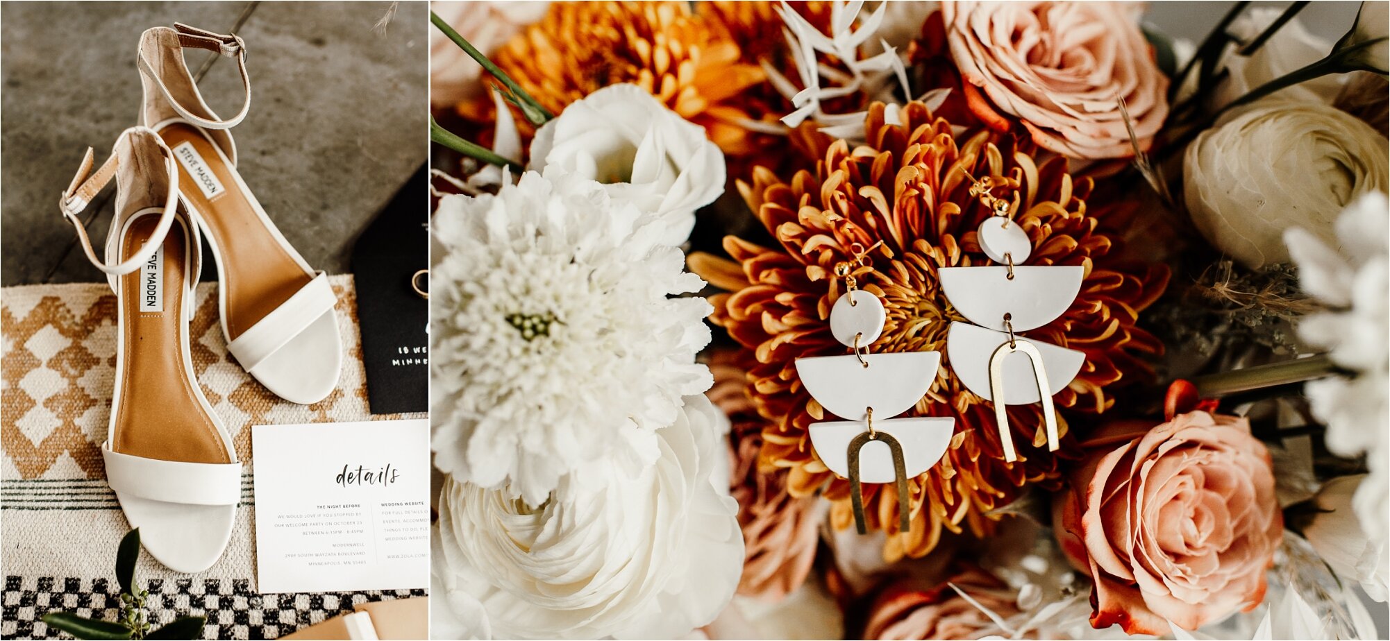  wedding day details, invitations, florals, steve madden shoes, clay earrings 
