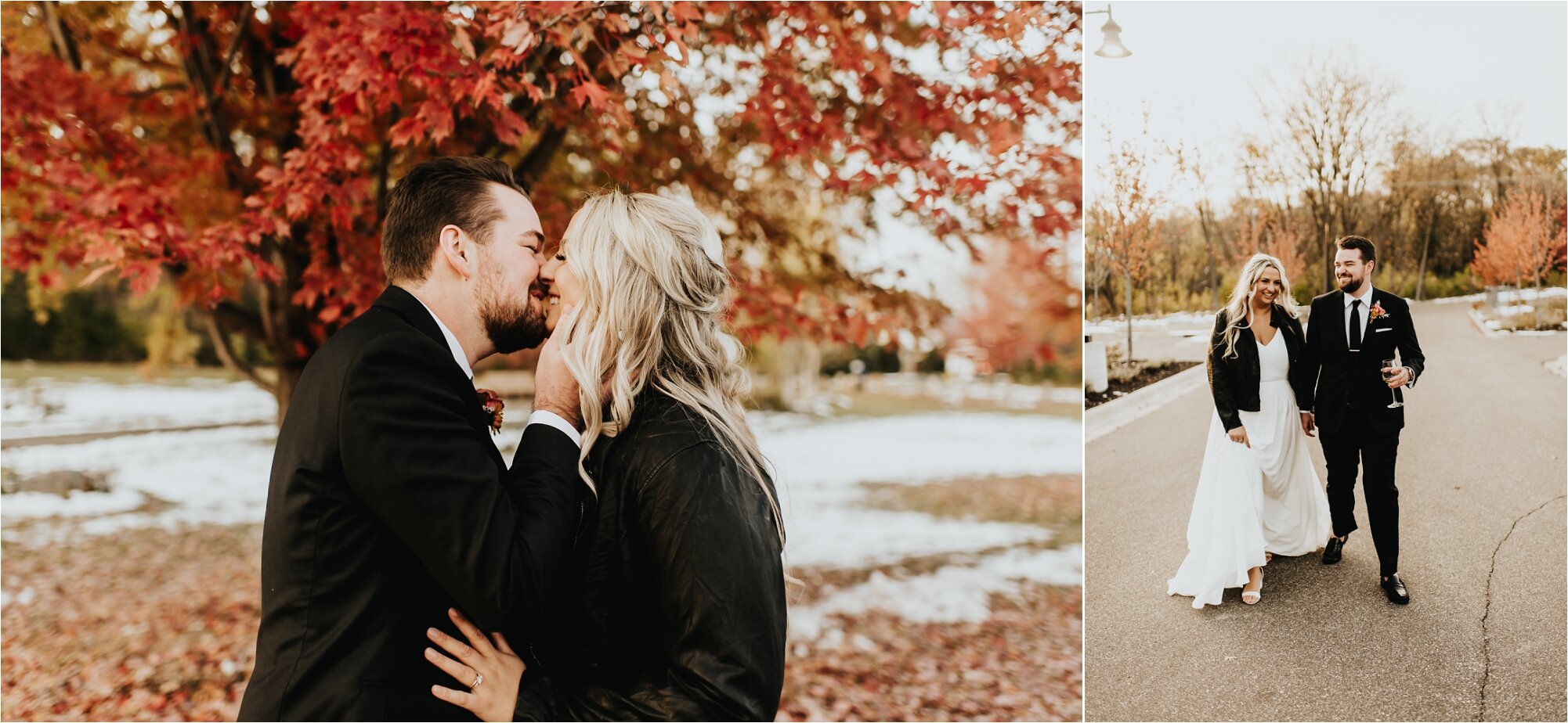  beautiful fall colors for bride and groom near medicine lake, minnesota MN kissing couple photography 