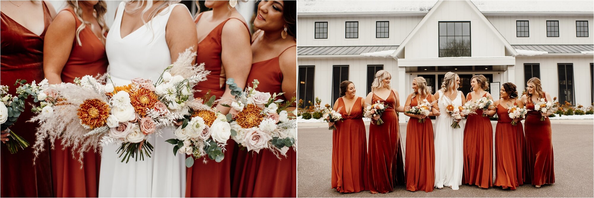  bridesmaids together on wedding day in rust burnt orange bridesmaid dresses 