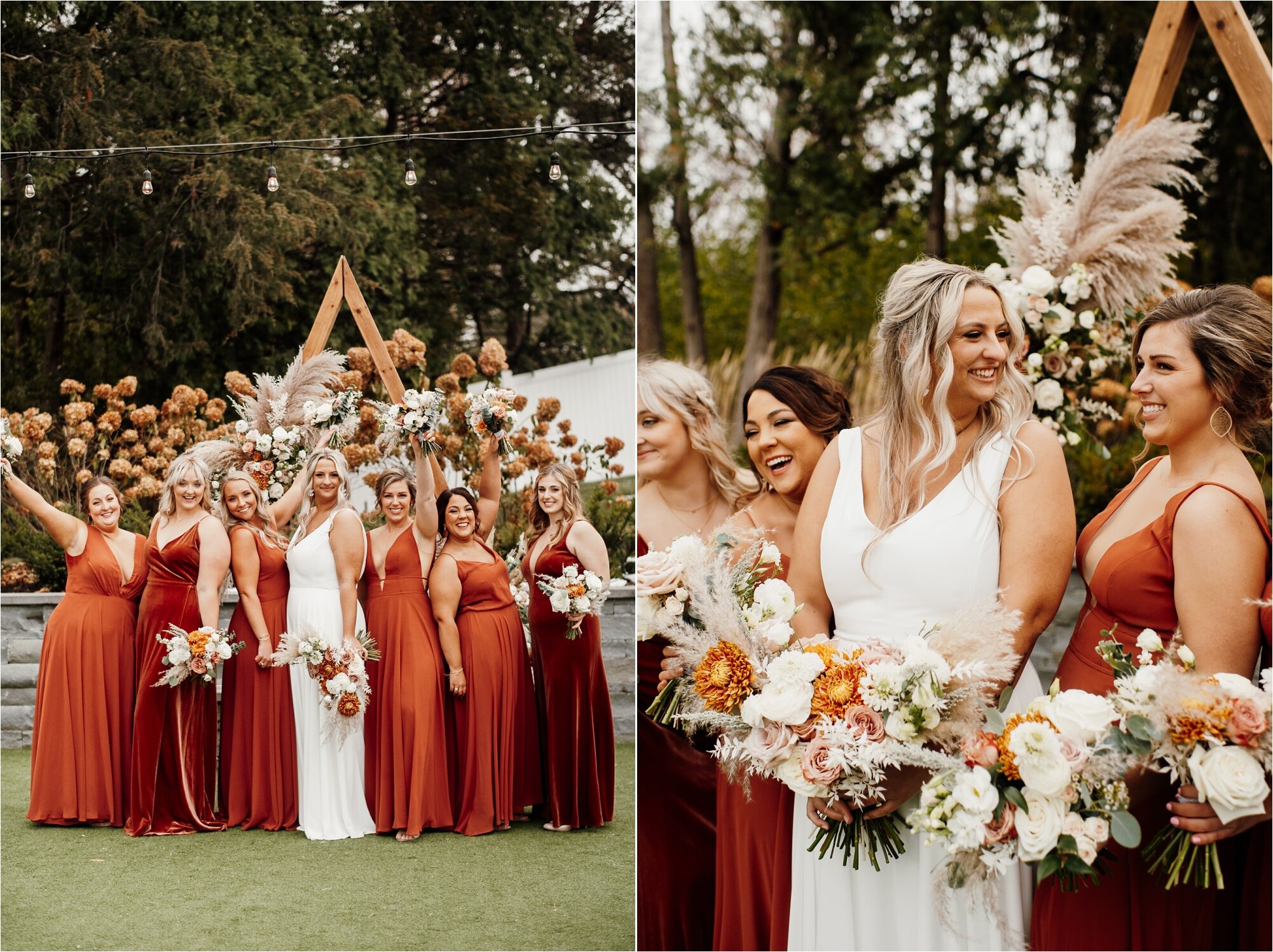  bride and her bridesmaids on her wedding day laughing and smiling 