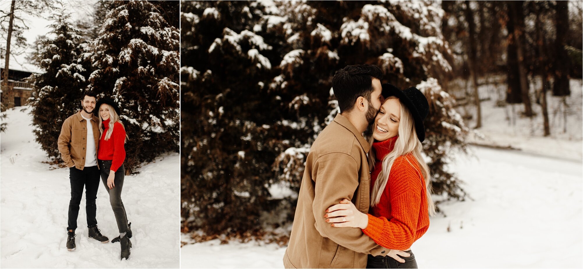  engaged wedding marriage couple taking pictures for save the dates with ali leigh photo in red sweater and tan jacket with snow covered pine trees and snow on the ground 