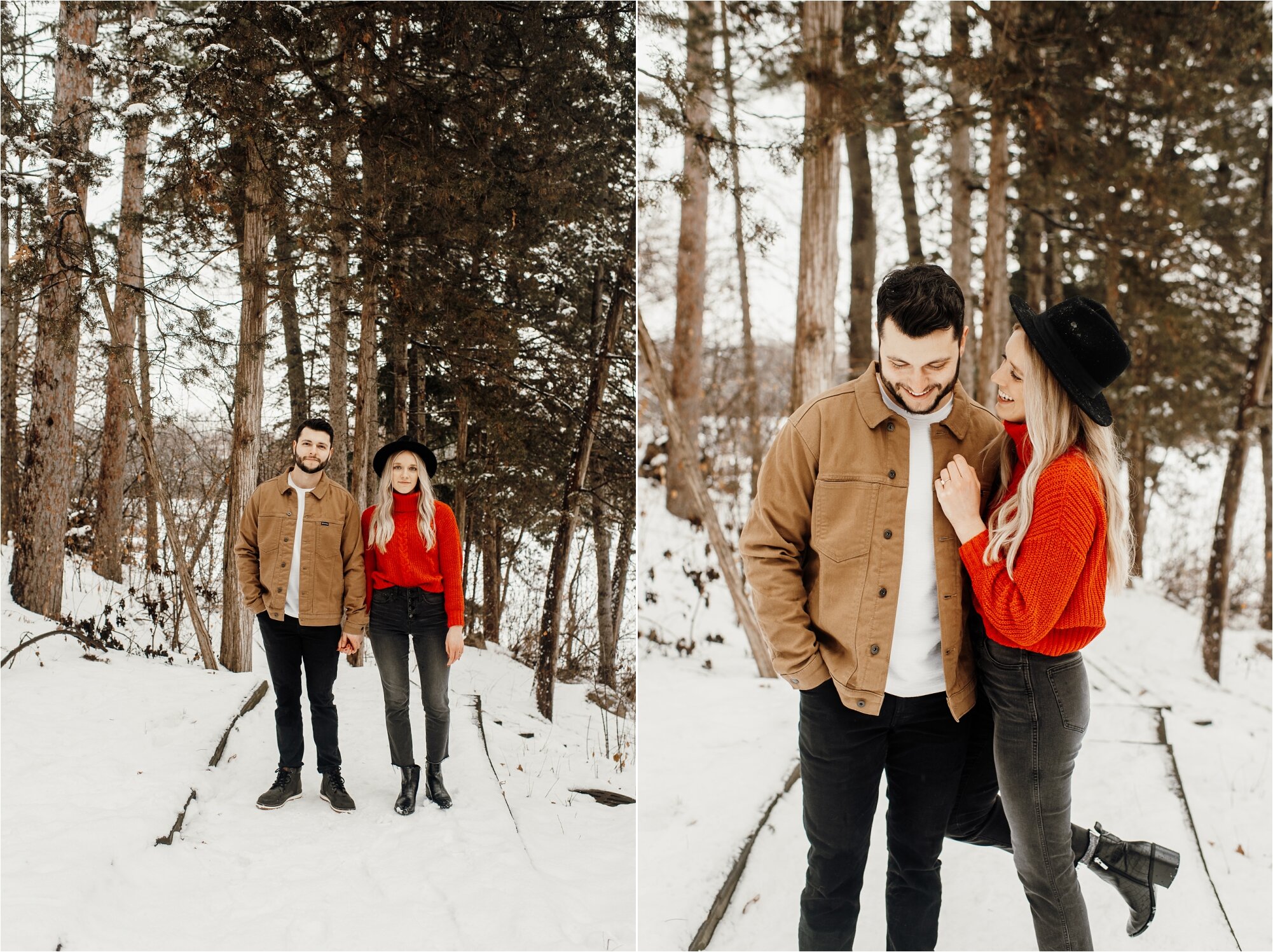  couples photos portraits engagement session engaged couple pictures in snow snowy snowstorm winter 