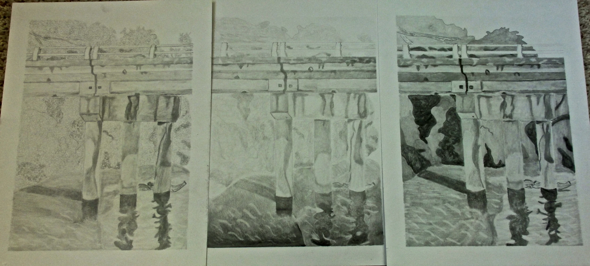  A Bridge drawn emphasizing different elements of the scene using graphite. 