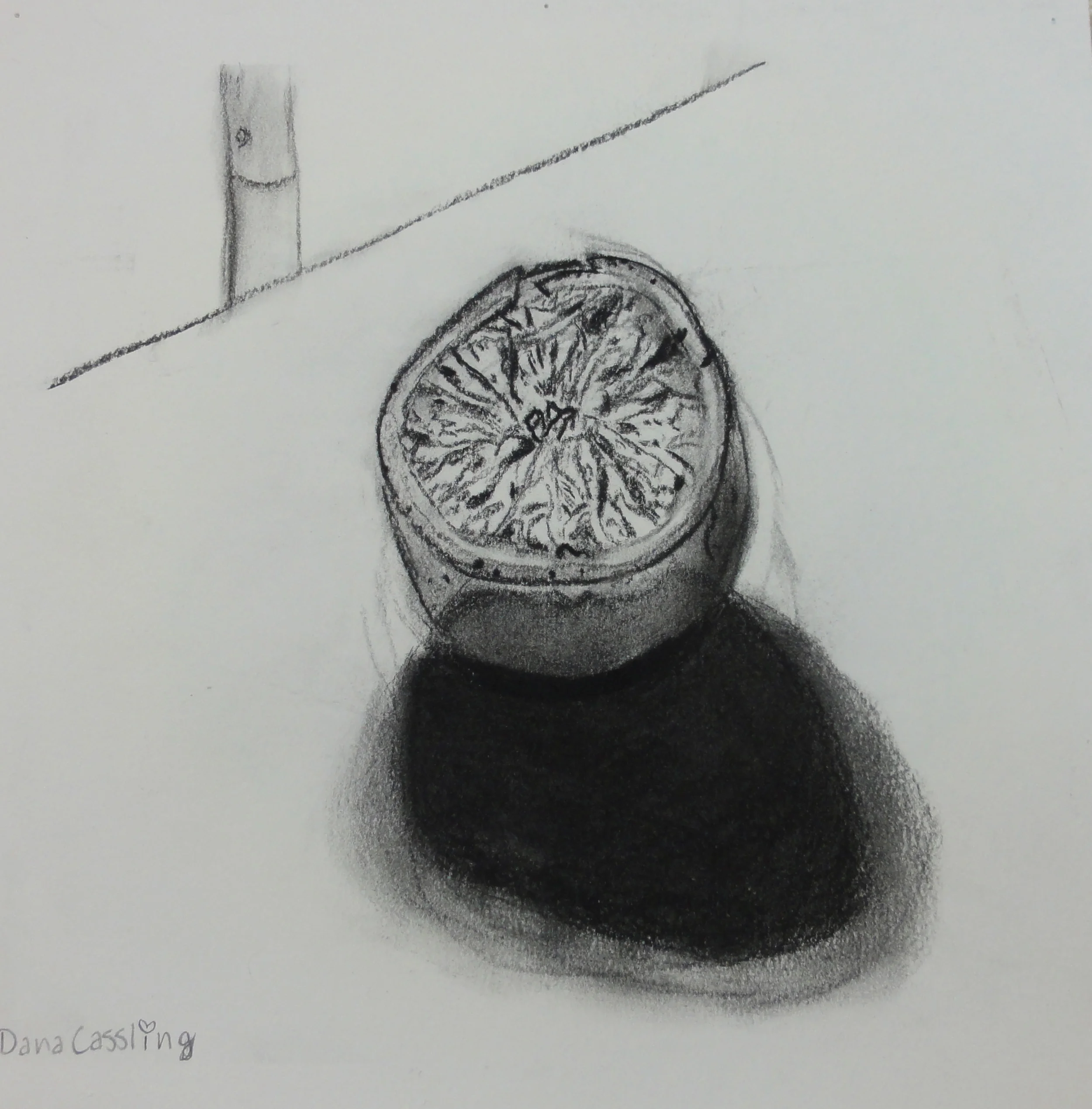  An orange drawn under a lamp using charcoal. 