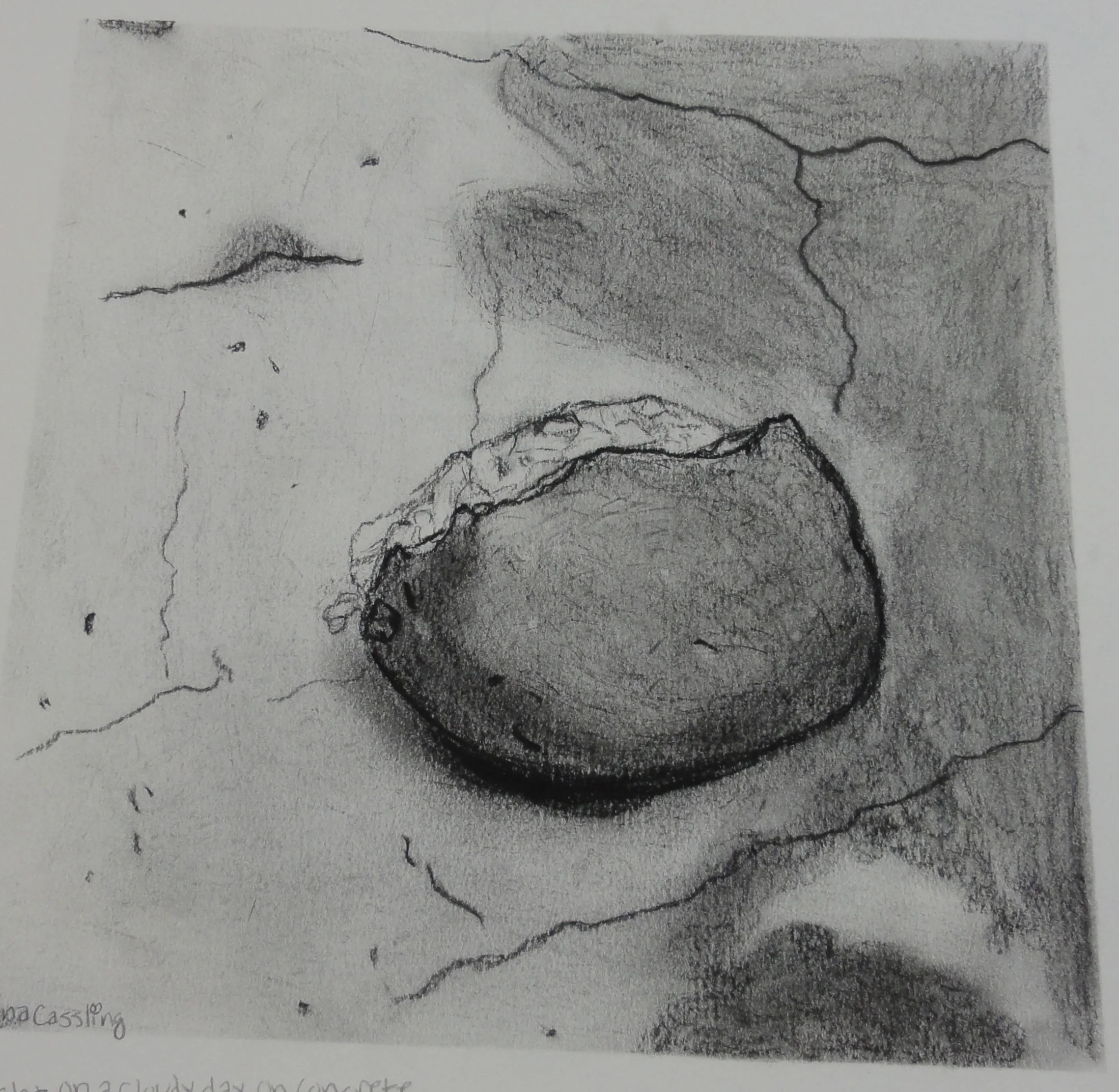  An orange drawn on concrete under gloomy natural lighting using charcoal. 