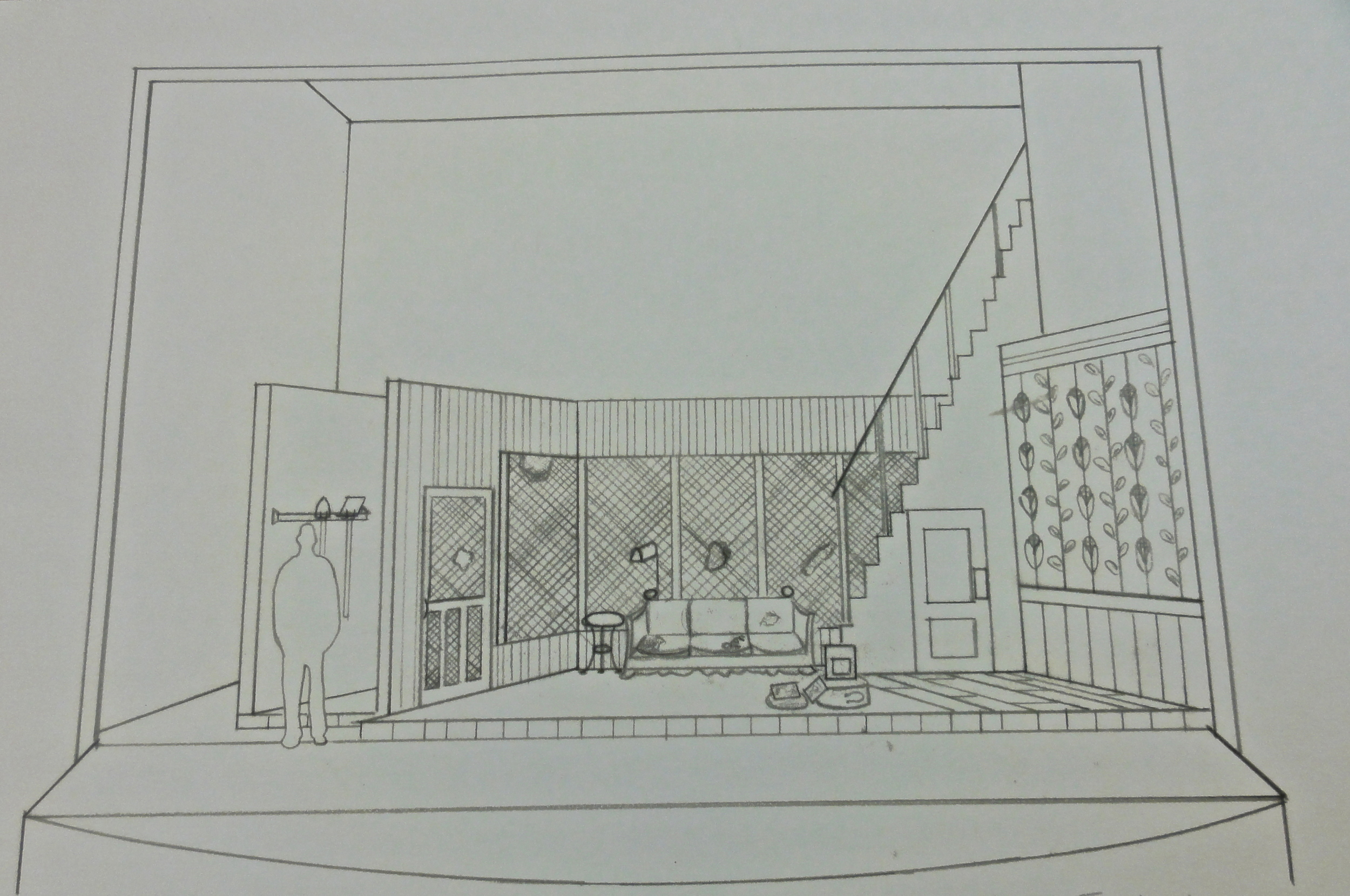  The progression of the perspective sketch of my design for&nbsp; Buried Child &nbsp;for a Scenic Design Class. 