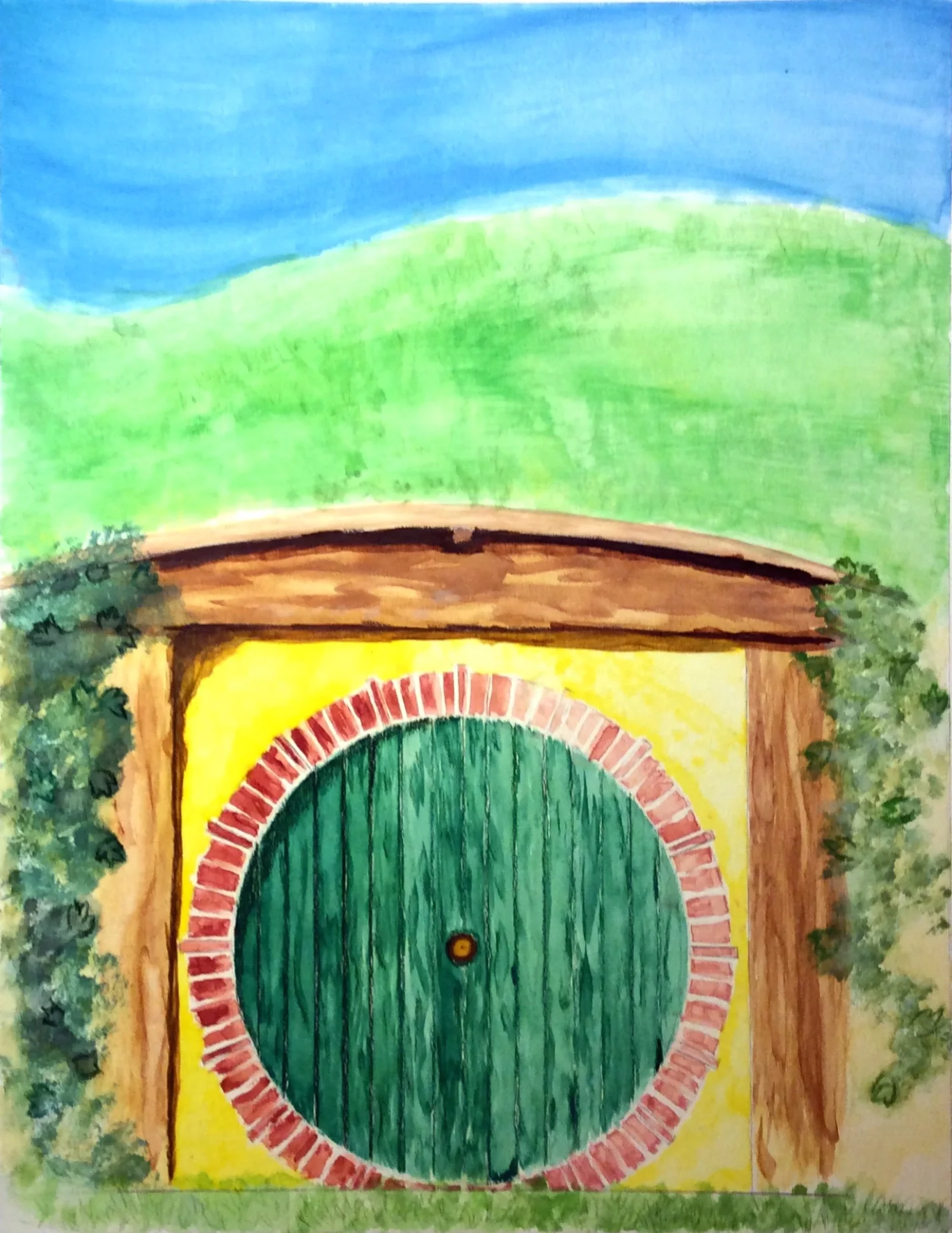 A doorway rendering of a house in Hobbiton, done with water color, colored pencil, and pastels 