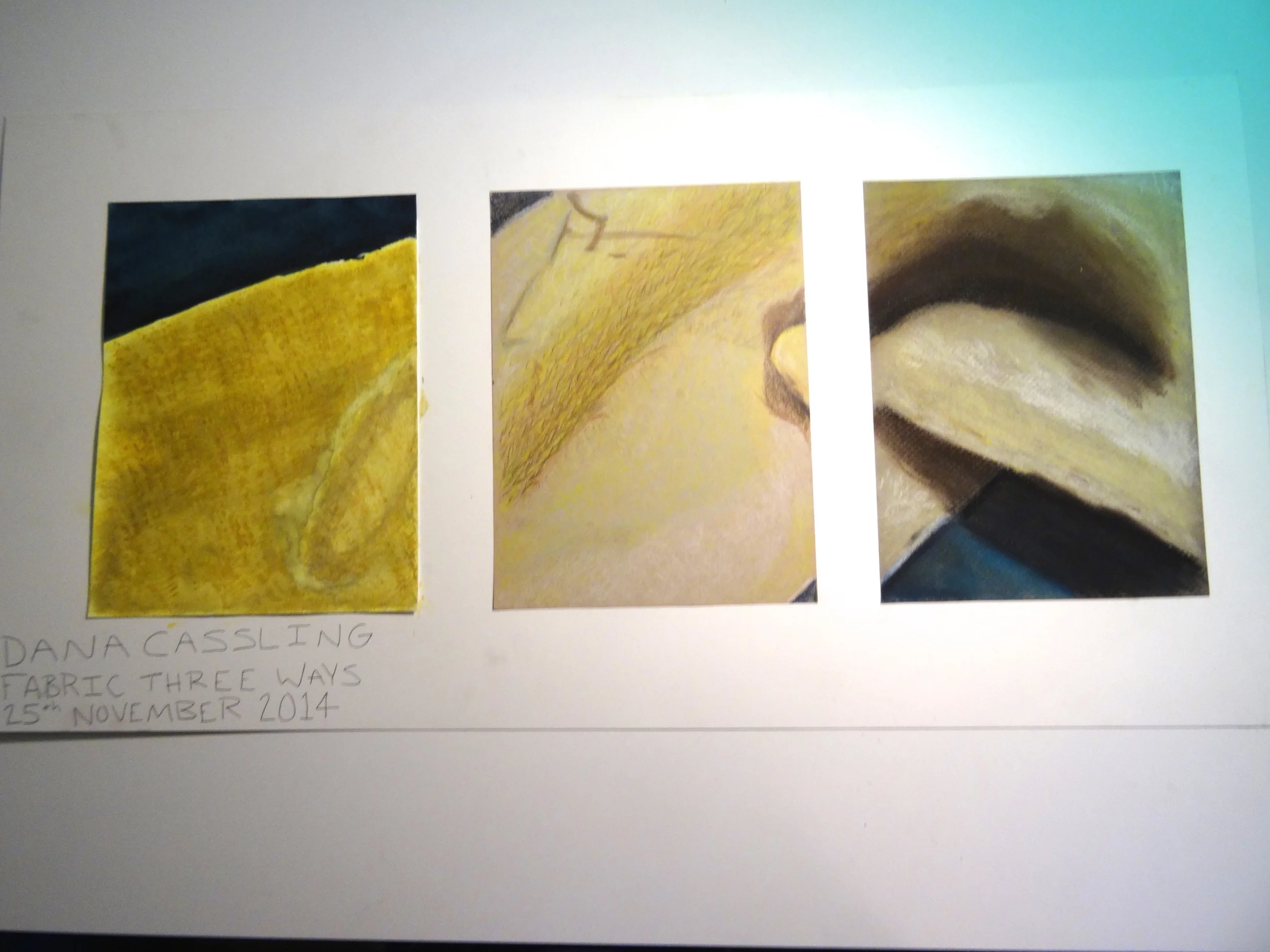  A fabric rendering done in different mediums: water color, colored pencil, and pastels. 