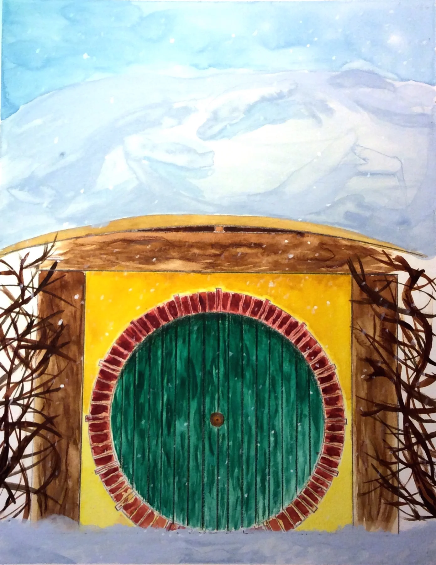 A doorway rendering of a house in Hobbiton, done with water color, colored pencil,&nbsp;pastels, and gouache&nbsp; 