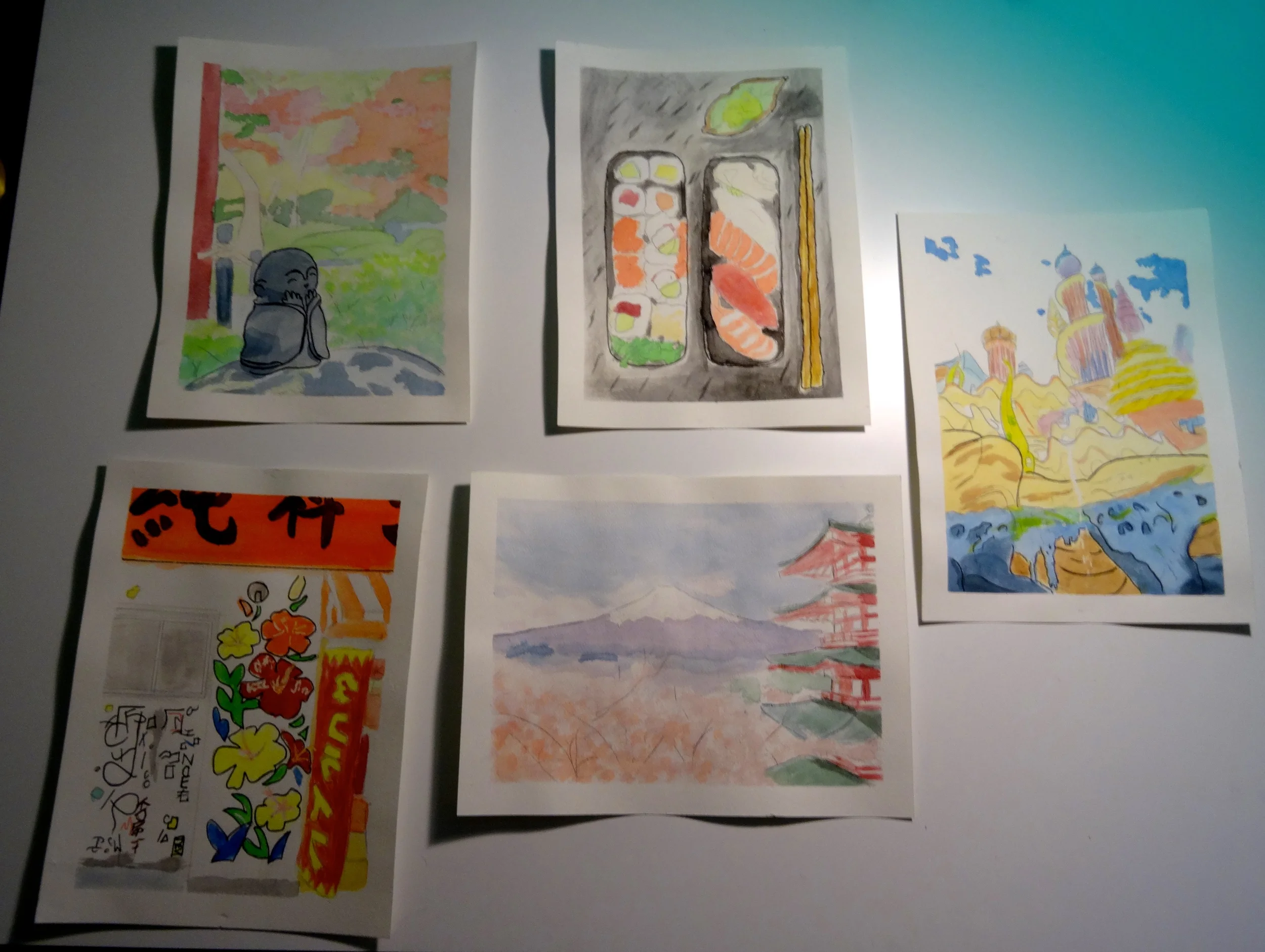  A five part postcard series on Tokyo, Japan, done in watercolor and pen 