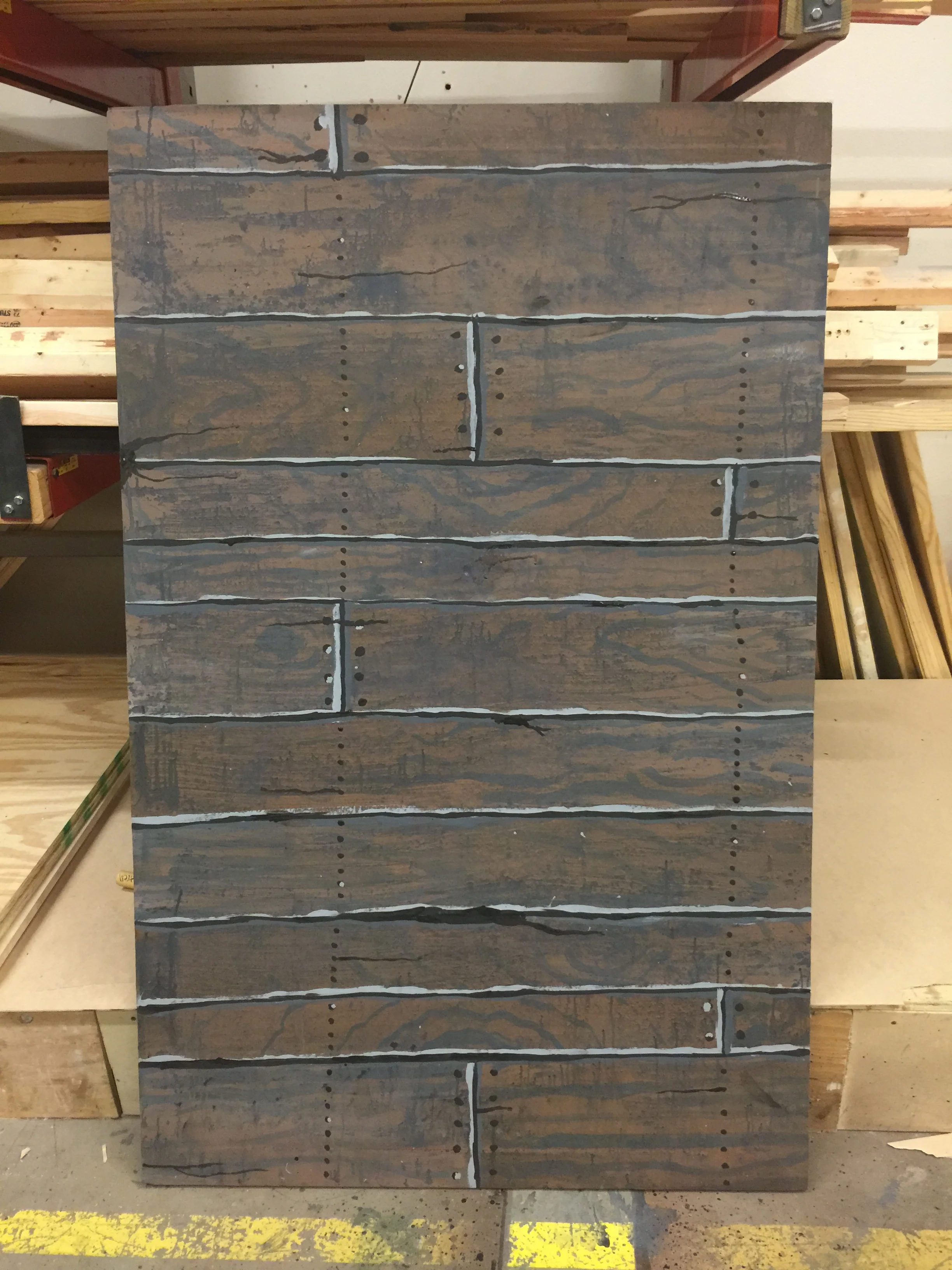  a scene painting project replicating distressed barn wood on a 3.5x5' flat 
