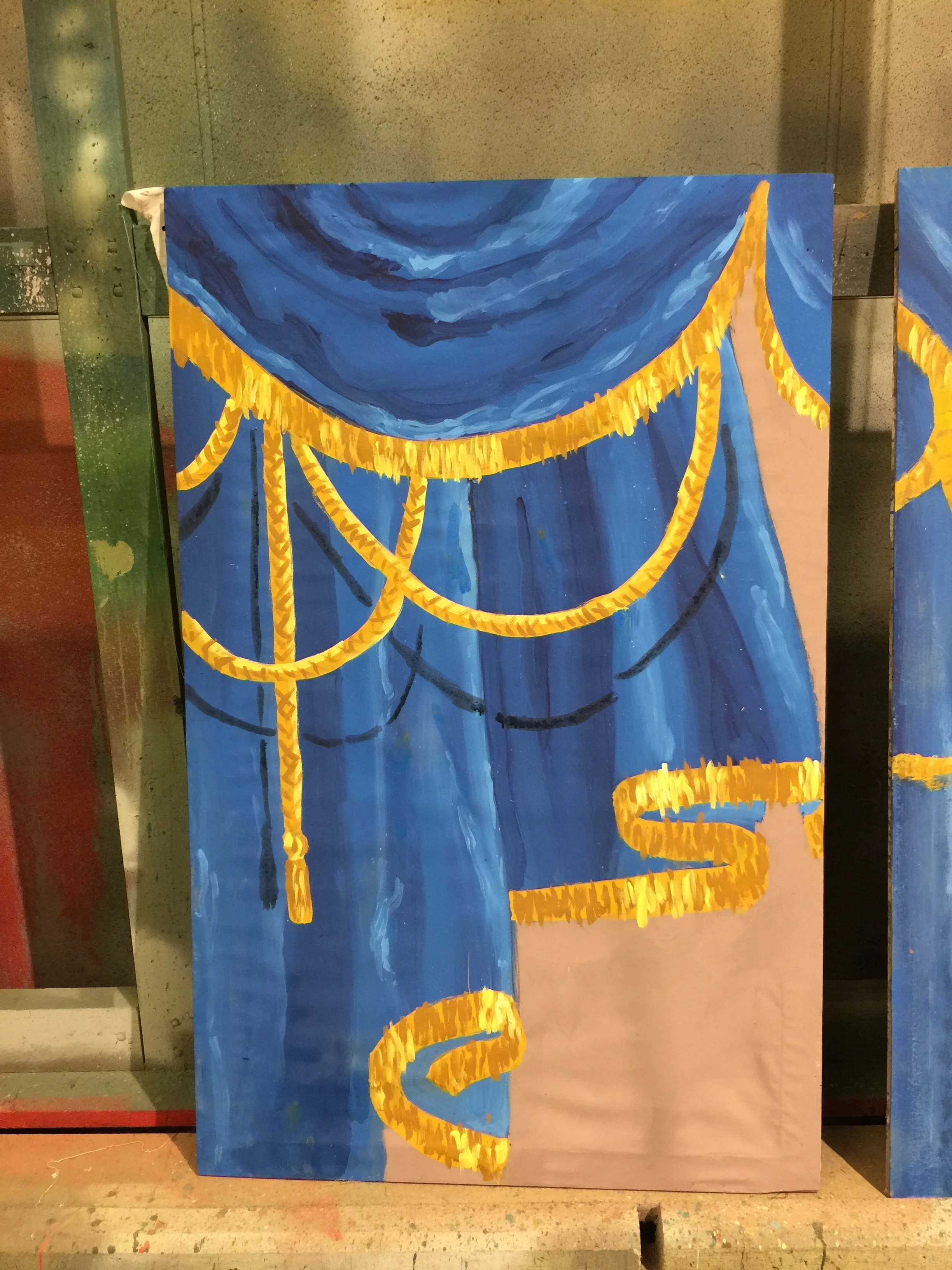  a scene painting project replicating soft goods on a 3.5x5' flat 