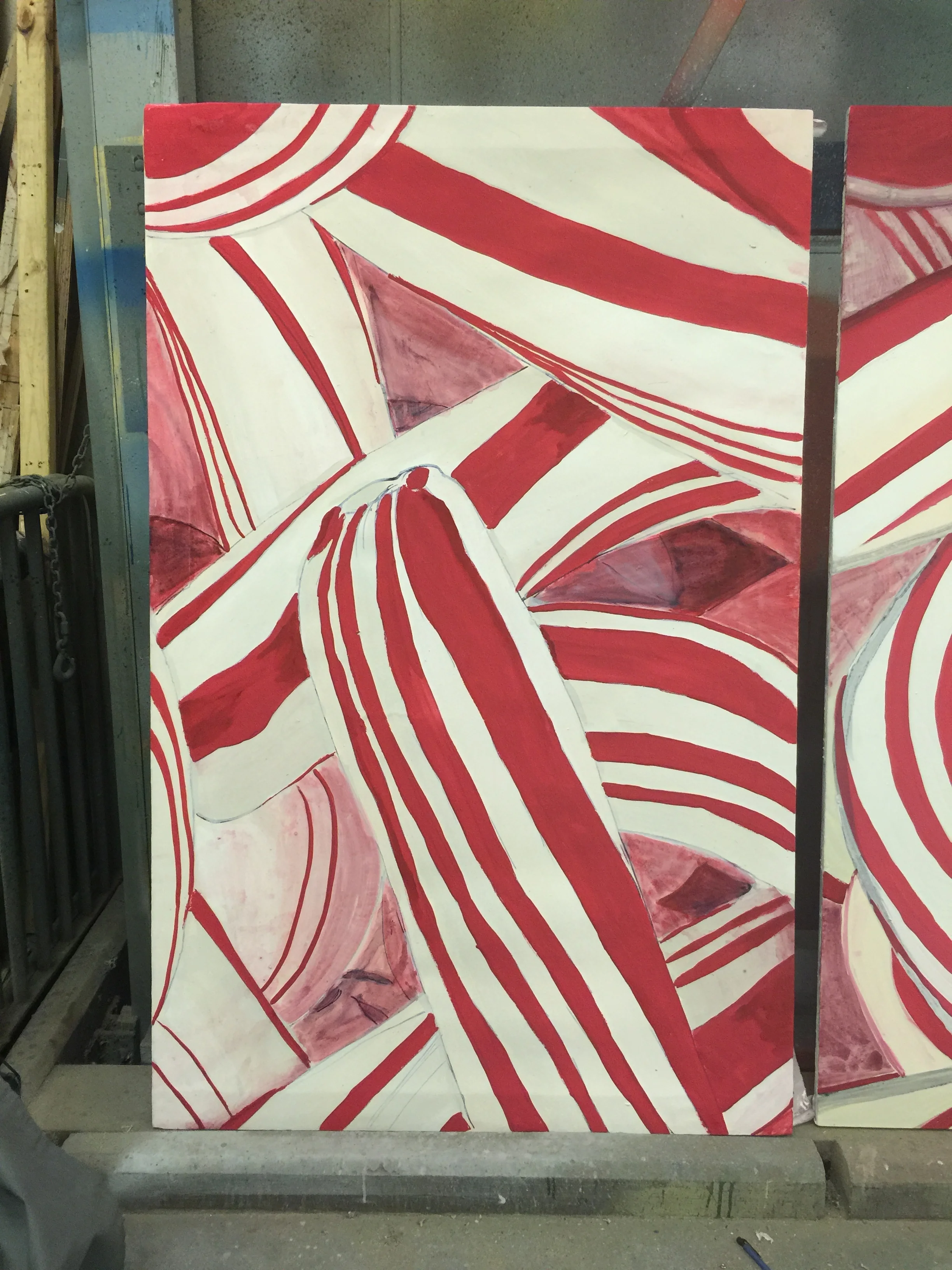  a scene painting project replicating a section of a candy cane jumble on a 3.5x5' flat 