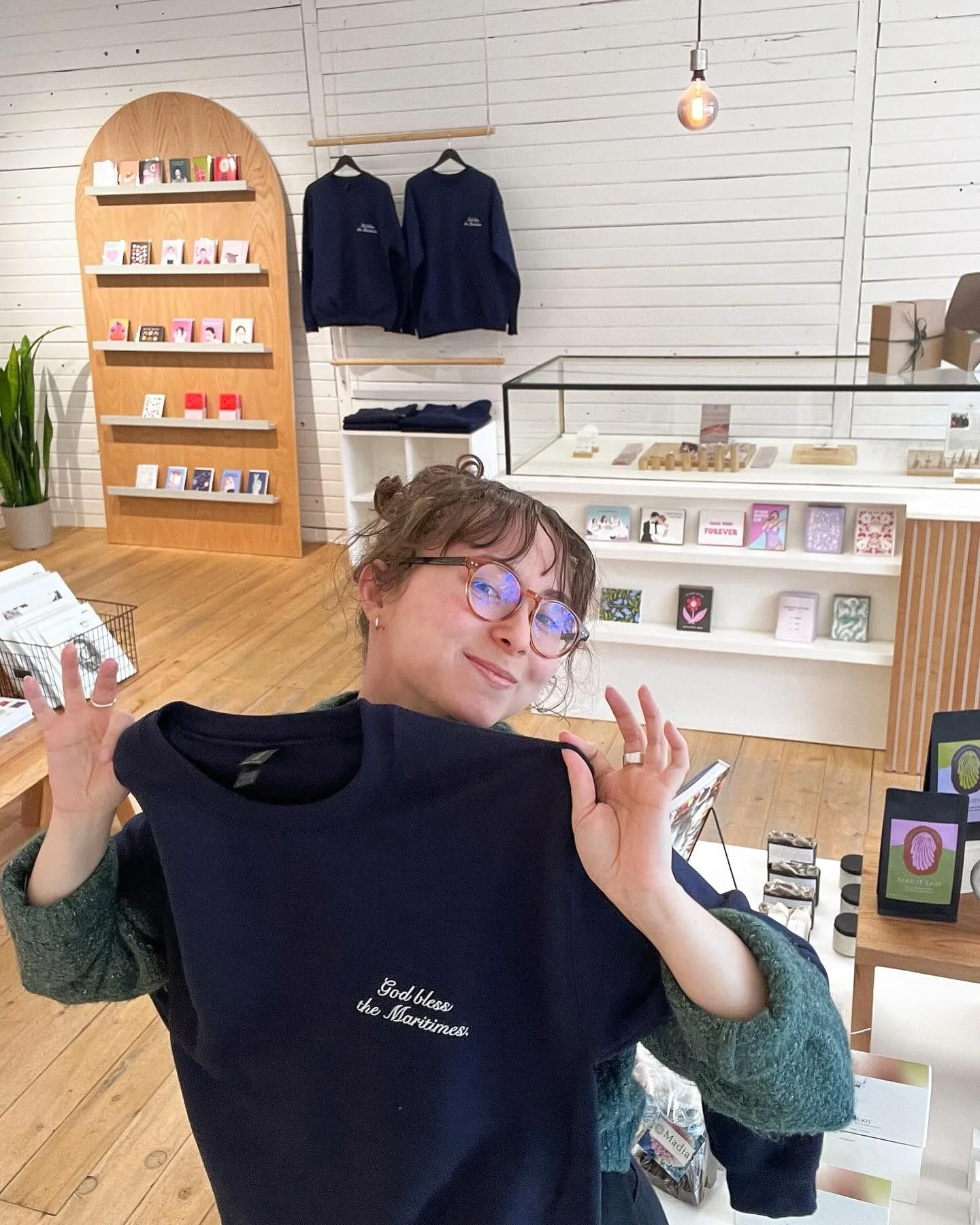 Our GOD BLESS THE MARITIMES embroidered sweatshirts are back in stock at our pals @mercadogeneralnb &agrave; Bathurst. For Maritimers, honorary Maritimers, and essentially anyone whose last name is Leblanc or Gallant.