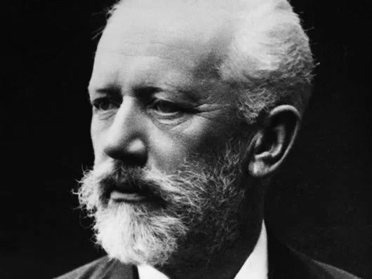 A profile of Tchaikovsky with sad eyes and a short white beard.