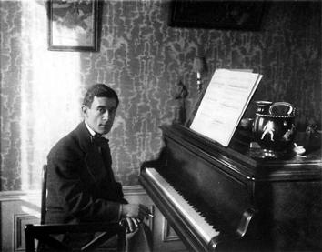 Ravel sitting at a grand piano in a wallpapered room, smoking a cigarette.