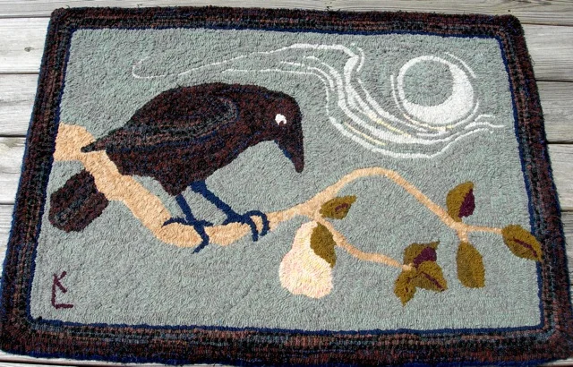 Crow and Pear , the first rug I designed and hooked while living in Maine.