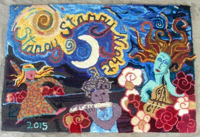 Here's my rug. I did the upper left area with the night sky; Debra did the right side (that's me playing the cello in my next life, since I don't have time in this one); and Kathleen did the other two Meyvns (Debra playing the flute and Kathleen dancing to the music). I love that we are all represented on my rug! 