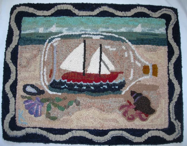 Ship in a Bottle was such fun to hook. And I admit to having a bit of a bottle/jar fetish.
