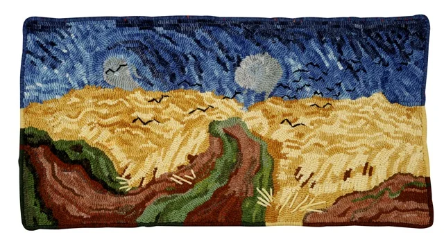 A Murder of Crows, 20" x 40", wool cloth strips and embroidery on primitive linen. Adapted and hooked by Karen Larsen.