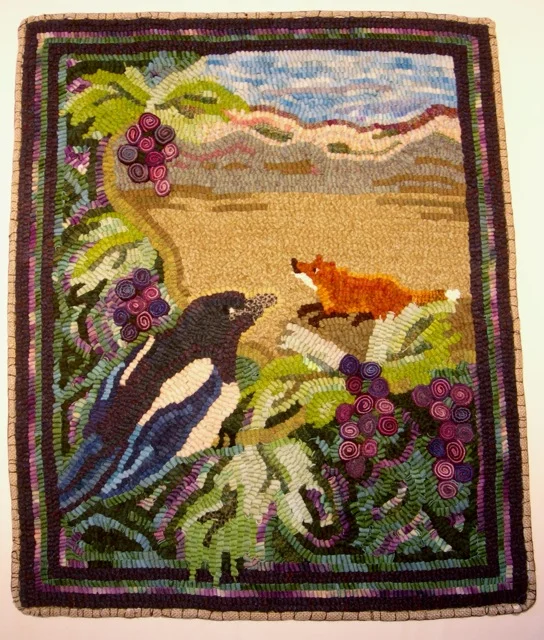 The Fox and the Grapes , is one of my Aesop fable rugs featuring standing-wool grapes. Oregon grows some delicious grapes and makes fantastic red wine. Pinot noir is my personal favorite.