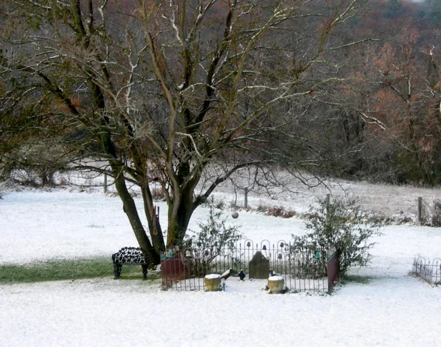 The beginning of the beautiful snowfall. Daniel Peifer, the German farmer who worked this land over 200 years ago, lies beneath his mulberry tree.