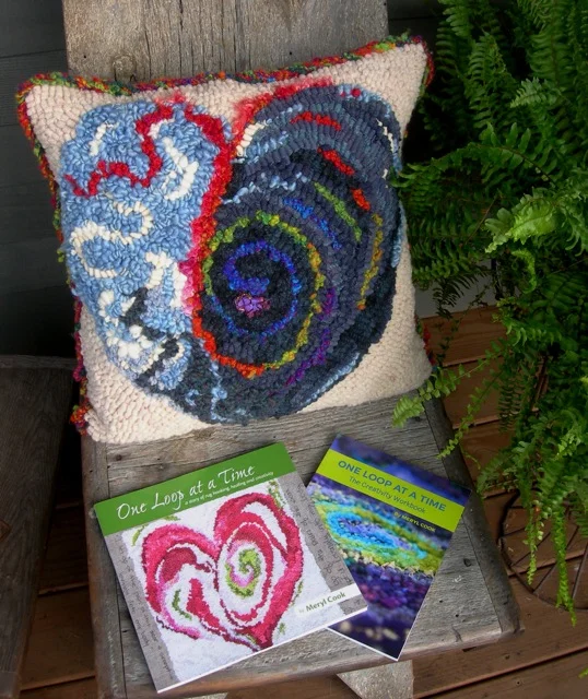 My completed project made into a pillow and Meryl Cook's books as inspiration.