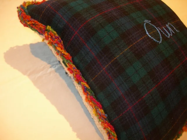 I braided colorful Noro yarn to cover the pillow edges.