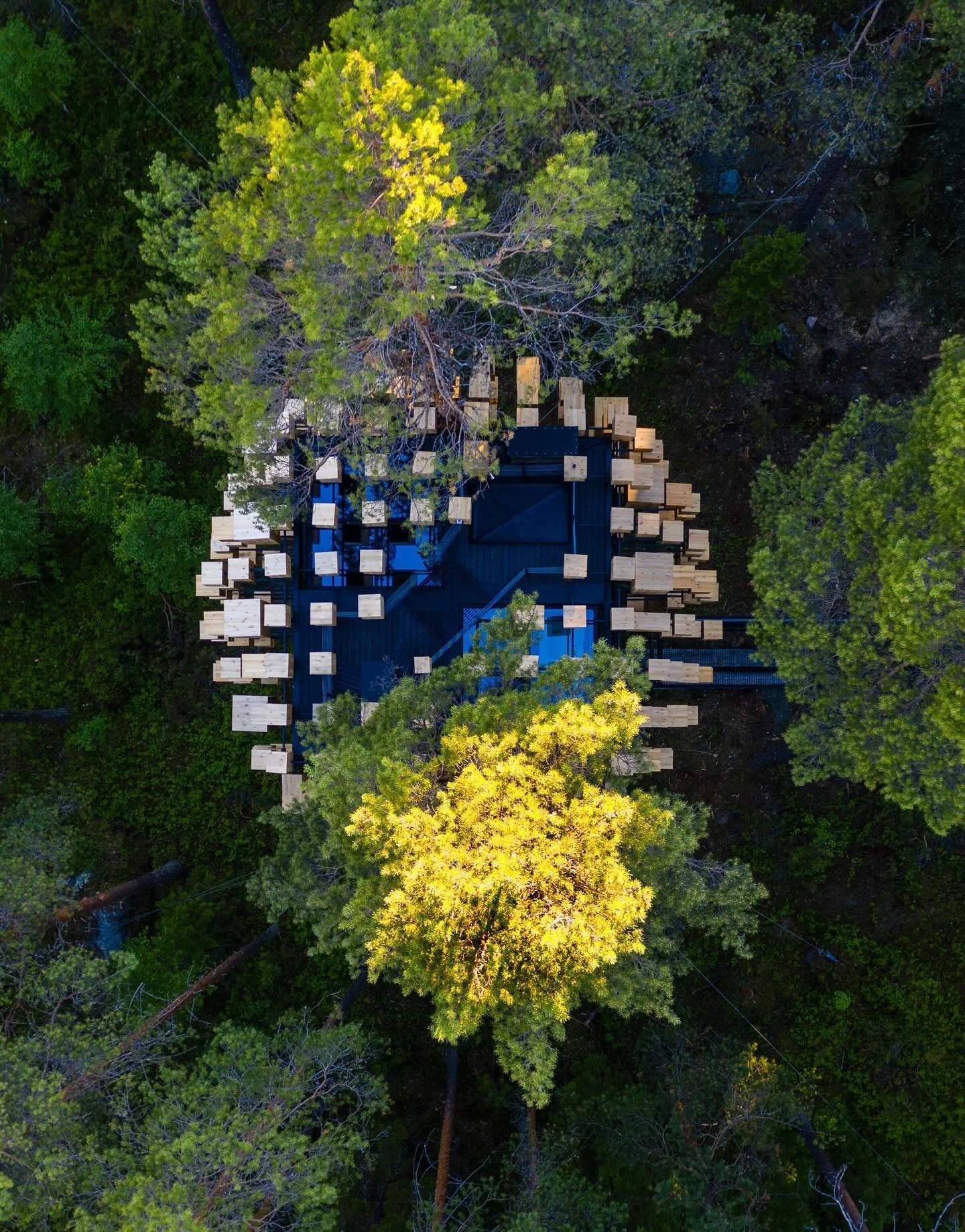 Biosphere at Treehotel in Swedish Lapland is an architectural suite designed by Bjarke Ingels and BIG (Bjarke Ingels Group). Suspended in the forest canopy, the spherical structure is wrapped in approximately 350 birdhouses, turning the building into