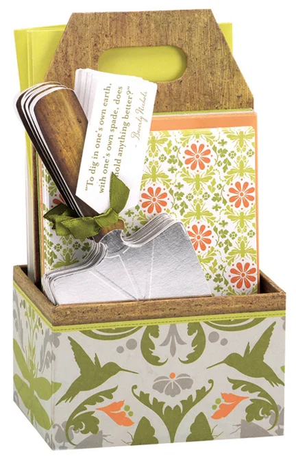Notecard set with chipboard garden tool box packaging