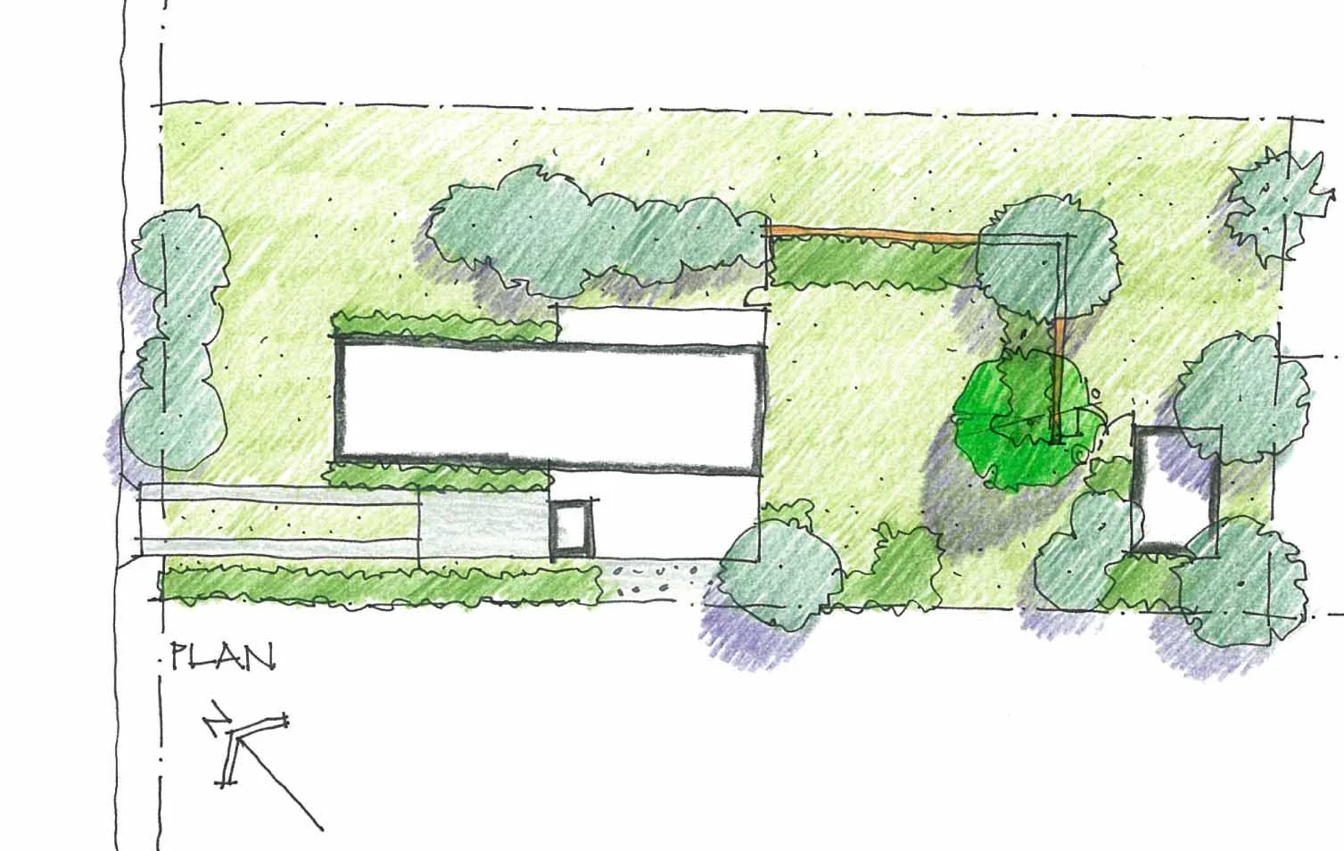 Placing the tree at the end of the existing planting, inside the screen wall. A tree here would shade the flat section of yard directly outside the house, enabling it to be used for more hours of the day.