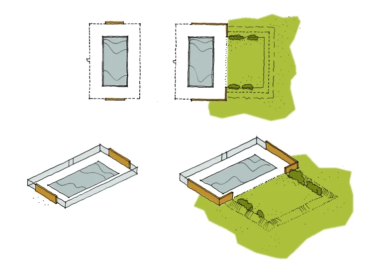 Using the ha-ha allows continuous access from the pool terrace to the adjacent garden, and enables uninterrupted views across the garden.